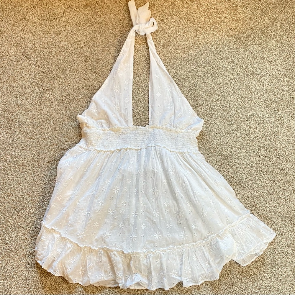 Aerie Spring Fling White Eyelet Halter Mini Dress, Size XXL, Cotton Summer EUC - Picture 3 of 10